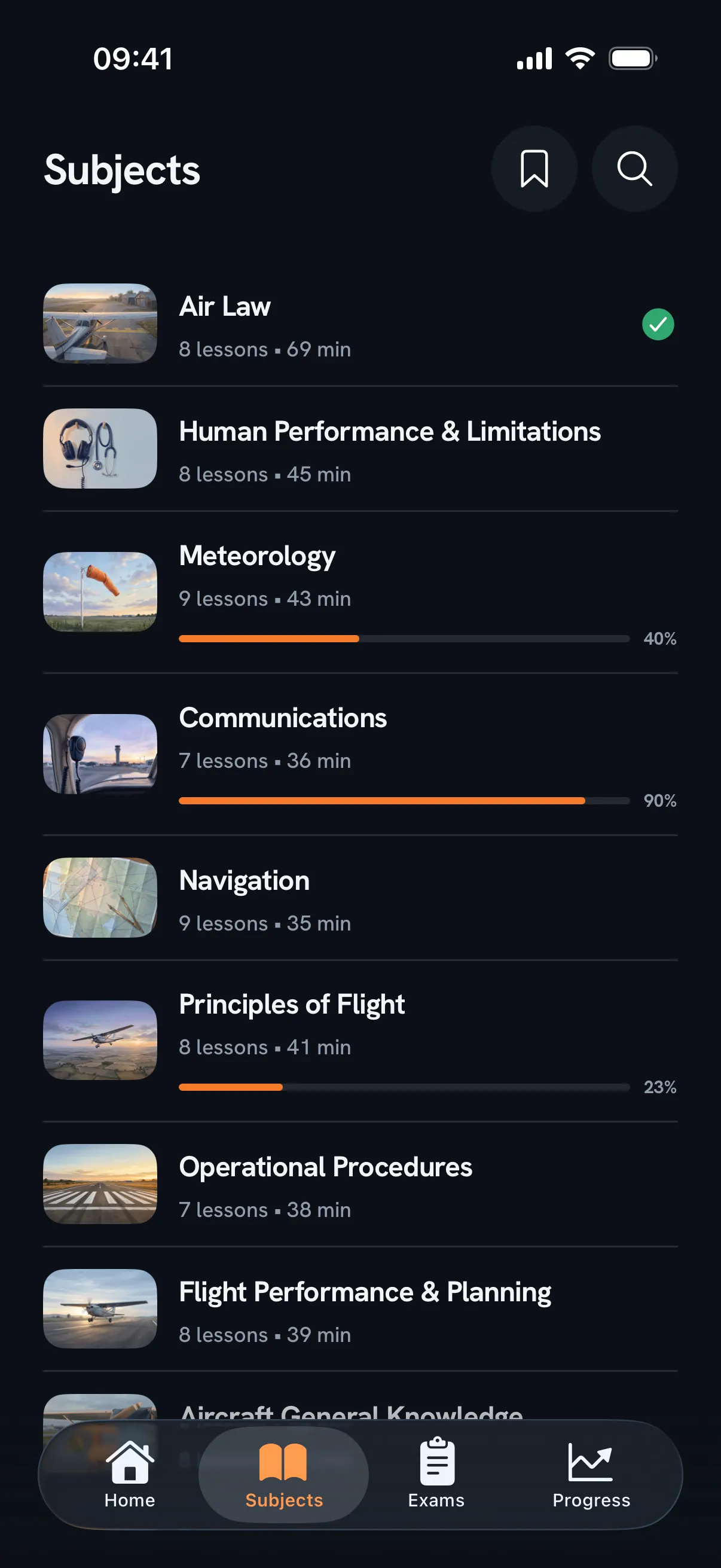 The subject list in Pocket Pilot, each with its lesson count, duration and progress