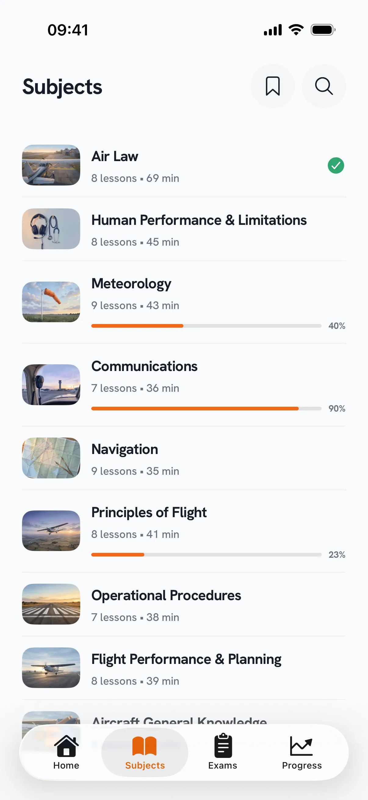 The subject list in Pocket Pilot, each with its lesson count, duration and progress